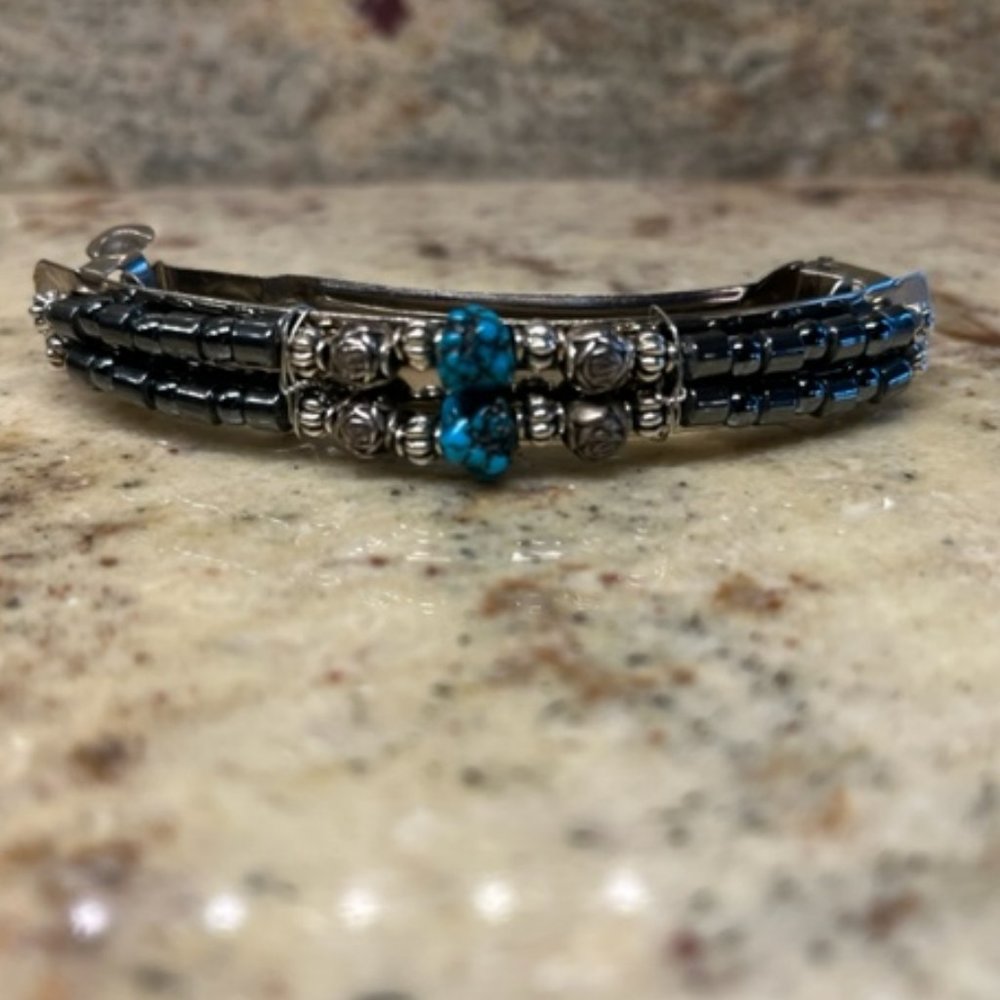 Barrette - Turquoise Nuggets, Silver and Black beads